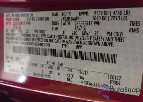 2016 Ford Escape Se z USA, uszkodzony, nr VIN 1FMCU9GX9GUB46209